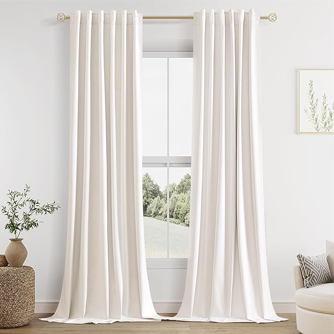 Guken 100% Blackout Linen Curtains 42 Inch Wide by 102 Inch 2 Panels Set for Living Room Bedroom Back Tab Thermal Insulated Black Out Linen Drapes Room Darkening Window Curtains, Ivory