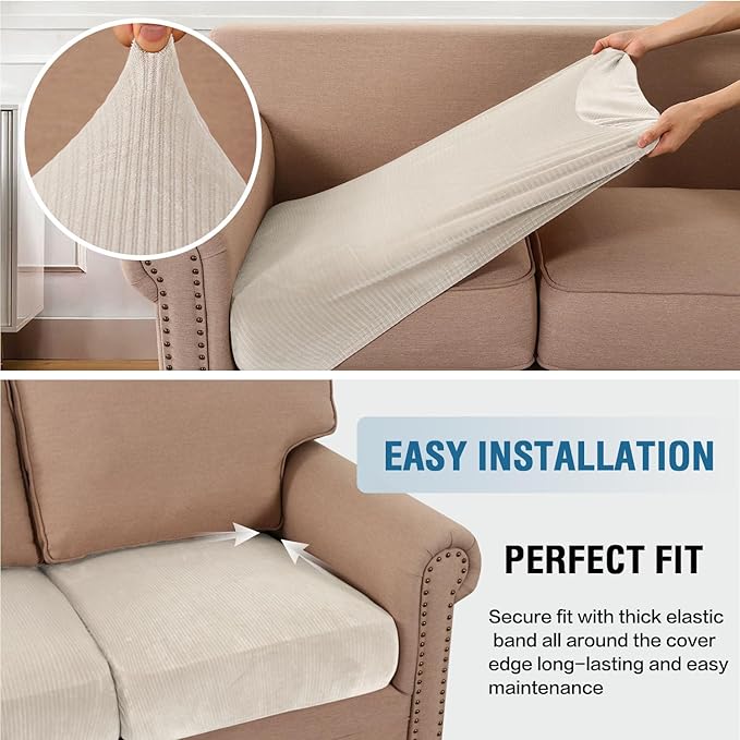 H.VERSAILTEX Velvet Stretch Couch Cushion Cover Plush Cushion Slipcover for Chair Loveseat Sofa Cushion Furniture Protector Seat Cushion Sofa Cover (2 Piece Large Sofa Cushion Covers, Ivory Striped)