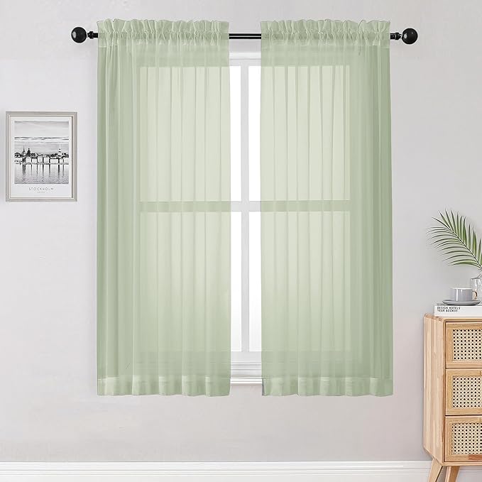OWENIE Sheer Curtains 63 inch Length 2 Panels Set, Rod Pocket Voile Fimly Sheer Drapes for Living Room/Bedroom, 2pcs, Each 42" W x 63" L, Light Green