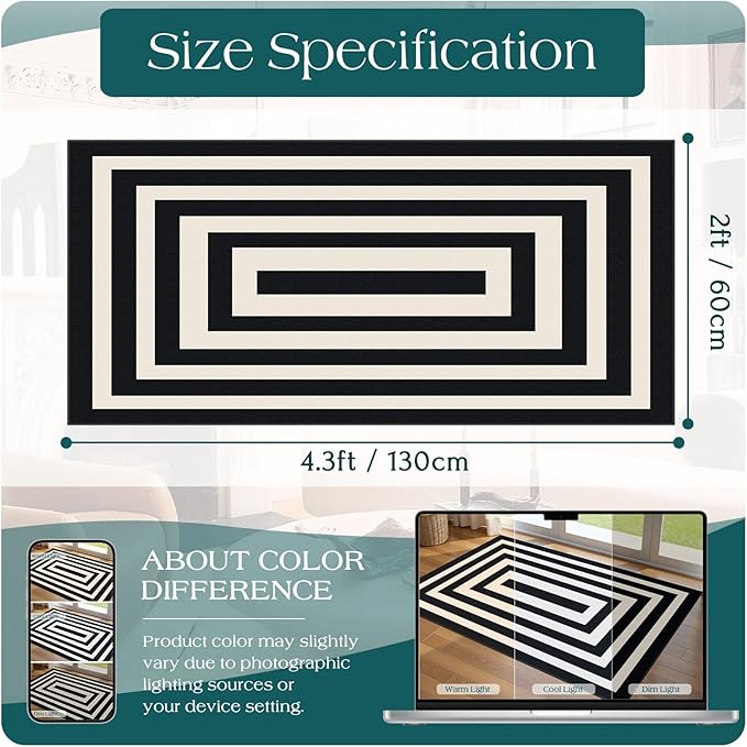 Front Door Mat Indoor Entrance - 2x4.3 Ft Modern Washable Layered Doormat Outdoor Entrance Porch Rug Non-Slip Black White Geometric Runner Rug for Kitchen Bedroom Laundry Room Porch Decor