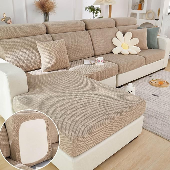 Sofa Covers Couch Covers for Sofa Pet Friendly Couch Cushion Covers Universal Sofa Covers Washable Stretch Slipcovers for Sectional Sofa (Texture Light Coffee, 2 Seats + Chaise Cover)