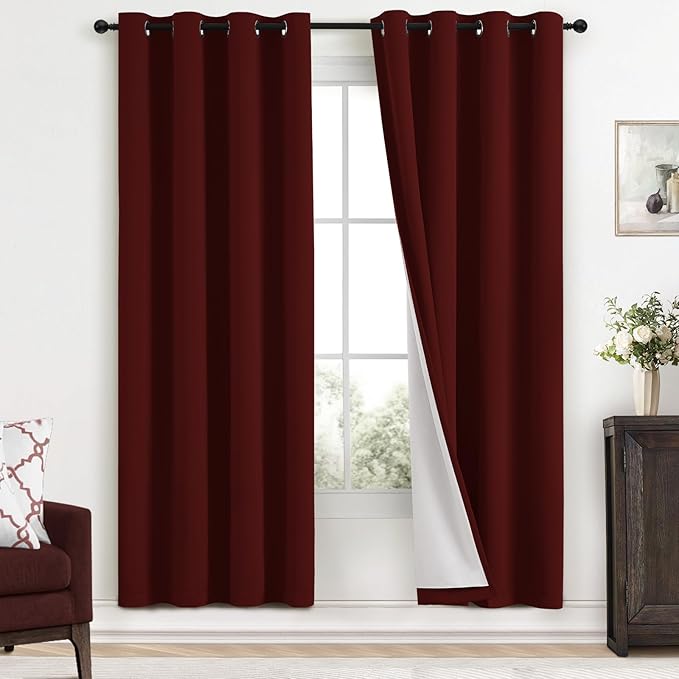 Yakamok Room Darkening 100% Blackout Curtains Grommet Window Treatments with 2 Thick Layers-Burgundy Red Thermal Insulated Drapes Set of 2 Panels for Bedroom Living Room 52 Inches by 72 Inches Length