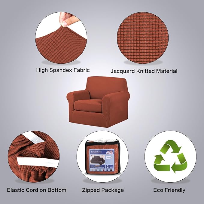 H.VERSAILTEX 2 Piece Couch Cover Stretch Stylish Chair Cover Furniture Cover/Protector Featuring Jacquard Textured Twill Fabric, High Spandex Slipcover Machine Washable(Chair, Rust)