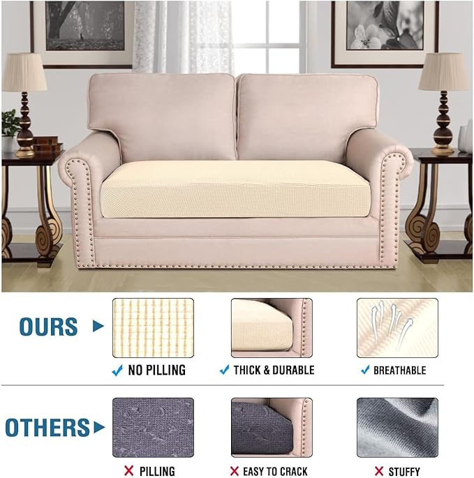 H.VERSAILTEX Super Stretch Individual Seat Cushion Covers Sofa Covers Couch Cushion Covers Slipcover Sets Thick Jacquard Textured Twill Fabric (1 Piece Loveseat Cushion Cover, Cream)