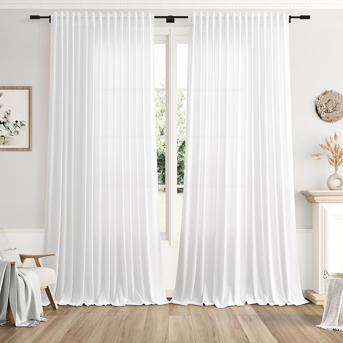 Extra Wide Linen Curtains for Living Room 102 Inch for Bedroom Divider Off White Rustic Farmhouse Drape Rod Pocket Back Tab Light Filtering Dinner/Office Window Curtain for Sliding Door，2 Panles