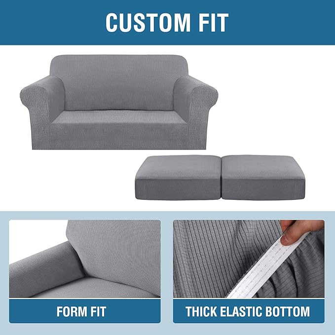 H.VERSAILTEX 3 Piece Stretch Sofa Covers for 2 Cushion Loveseat Couch Covers for Living Room Sofa Slipcovers (Base Cover Plus 2 Seat Cushion Covers) Thicker Jacquard Fabric(Medium Sofa, Dove)