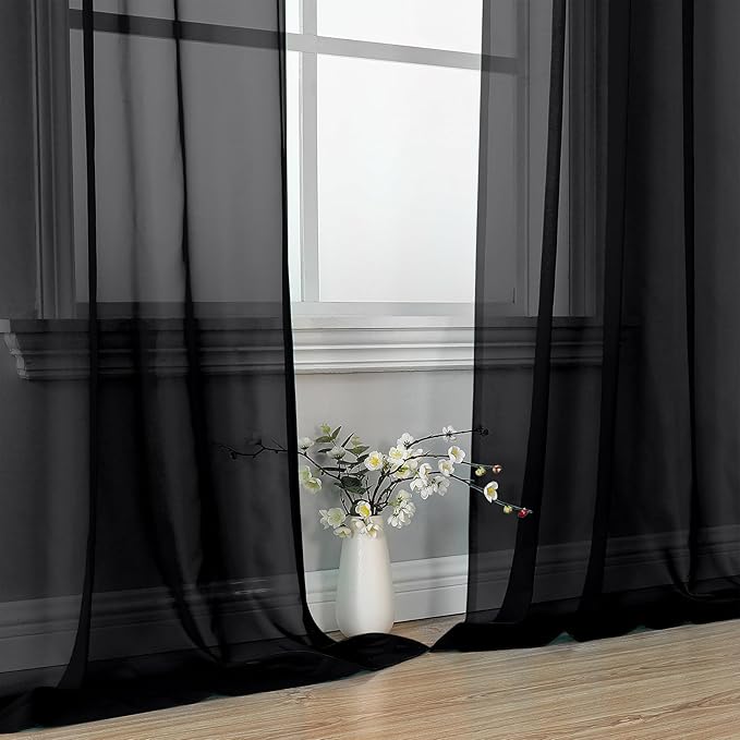 OVZME Black Sheer Curtains 84 Inches Long 2 Panel Sets, Solid Color Lightweight Voile with Light Filter for Sliding Door, Living Room&Bedroom (W42 x L84, 1 Pair)