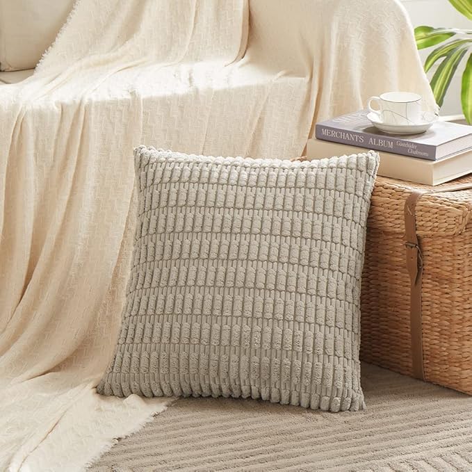 Fancy Homi 4 Packs Neutral Small Decorative Throw Pillow Covers 14x14 Inch for Living Room Couch Bed Sofa, Rustic Farmhouse Boho Home Decor, Soft Plush Striped Corduroy Square Cushion Case 35x35 cm