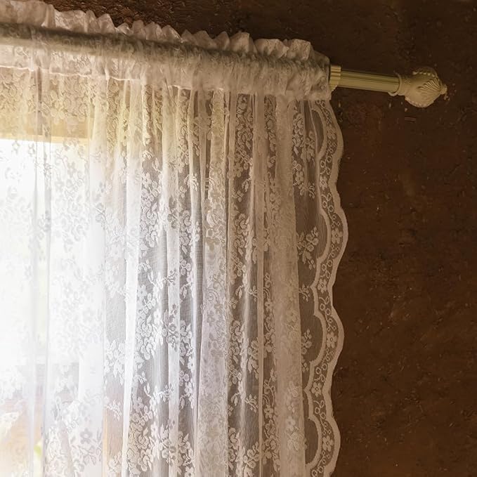 YJ YANJUN Vintage Lace Curtains 54 Inches Length- Victorian Floral Pattern White Sheer Curtain Panels for Living Room Bedroom Bathroom Light Filtering, Country Cottage Core Drapes 2 Panels 52W x 54L