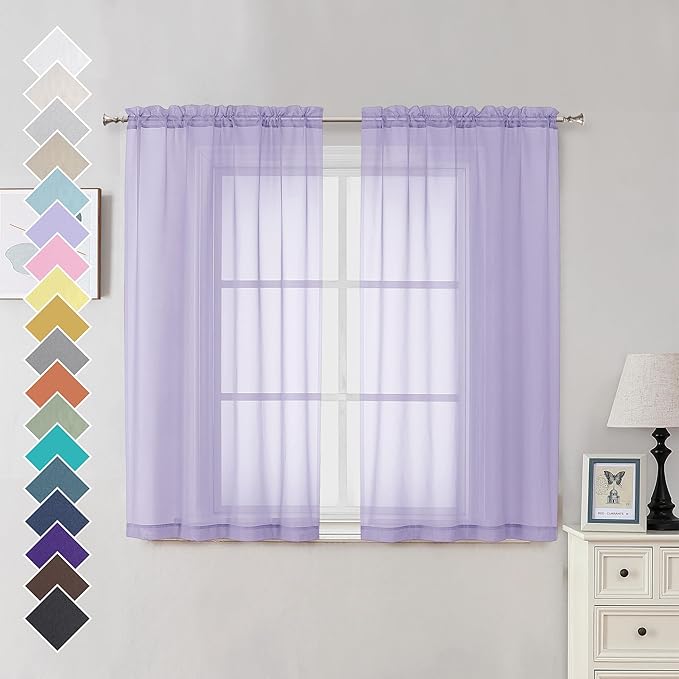 OVZME Lavender Sheer Curtains 54 Inches Long 2 Panels - Soft Light Filtering Window Sheer Panels for Living Room/Bedroom, Top Dual Rod Pocket, 1 Pair, Each 42Wx54L Inches