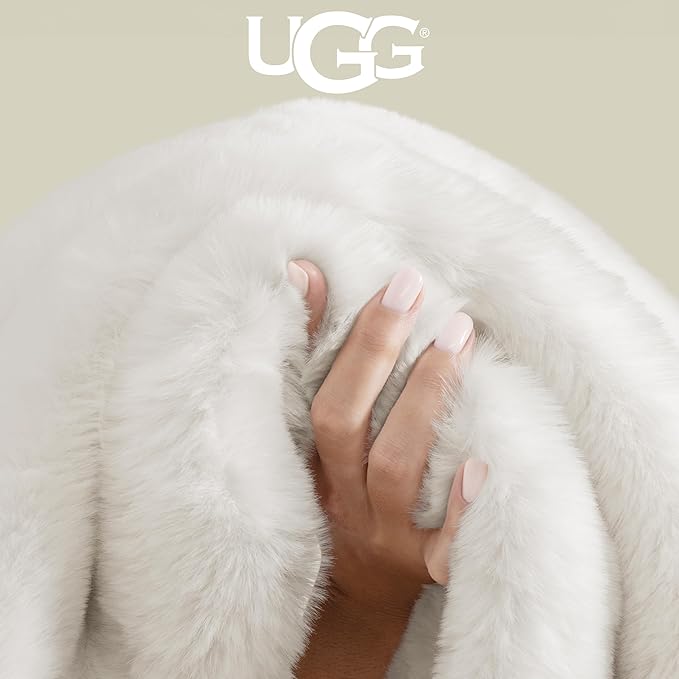 UGG Euphoria Faux Fur Throw Blanket, Warm Fluffy for Couch or Bed, Luxury Bedroom Decor, Blankets, Machine Washable, 50-inch x 70-inch, White Snow
