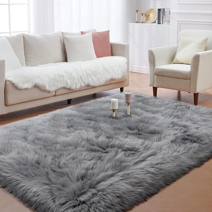 Faux Fur Area Rug, Grey Fluffy Rugs for Bedroom Living Room, 4'x6' Soft Shaggy Fuzzy Rug for Nursery, Indoor Plush Gray Floor Carpets for Kids Girls Boys Teen Dorm, Cute Home Decor, Rectangle