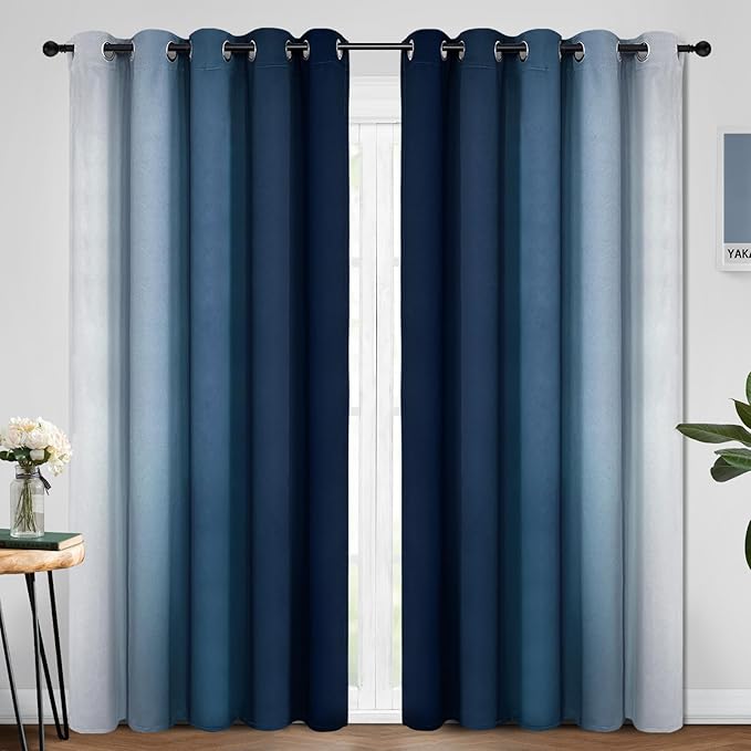 Yakamok Blue and Greyish White Ombre Curtains, Room Darkening Gradient Color Curtains for Bedroom, Light Blocking Thermal Insulated Window Drapes for Living Room(2 Panels, 70x84 Inch)