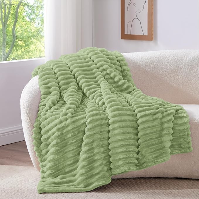 BEDELITE Fleece Throw Blanket for Couch - 300GSM Soft & Warm Fluffy Sage Green Blanket, Decorative and Giftable Striped Blankets for Women, Men, 50"x60"
