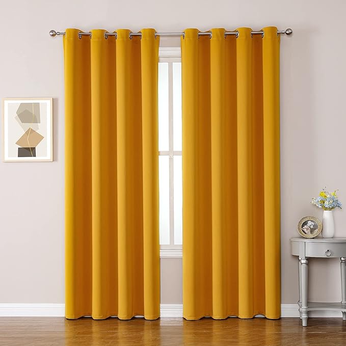 ChrisDowa Room Darkening Curtains 80 Inches Long 2 Panels Set for Living Room, Grommet Thermal Insulated Blackout Curtains for Bedroom (Mustard Yellow, 52 x 80 Inch)
