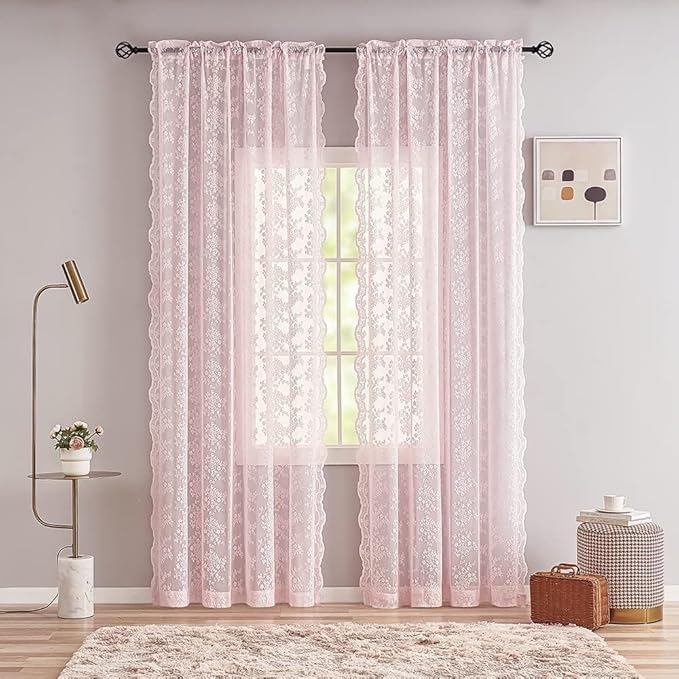 YJ YANJUN Vintage Lace Curtains 90 Inches Long-Victorian Floral Pattern Light Pink Sheer Curtain Panels for Baby Girls Room Feminine Flowy Cute Girly Classroom Princess Decor 2 Panels 52W x 90L