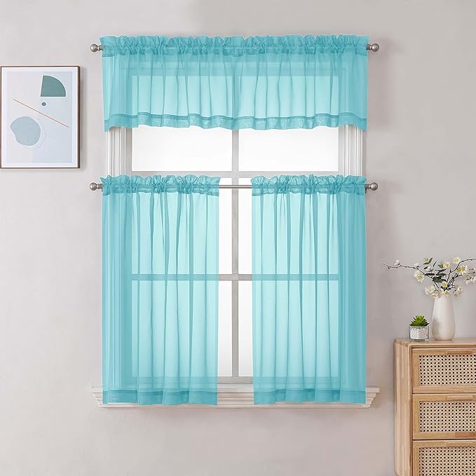 Chyhomenyc Sheer Aqua Tier Curtains 24 Inch Length Set, Small Window Kitchen Curtains for Bathroom Living Room Basement, Farmhouse Short Voile Curtain 42Wx24L, Rod Pocket, 2 PCS