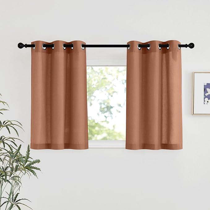 NICETOWN Caramel Linen Curtains for Kitchen, Thick Flax Small Window Treatments Semi Sheer Privacy Assured with Light Through for Cafe/Bathroom, W34 x L36, 2 Panels
