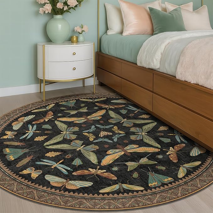 Hazo Haus Washable Black 6ft Round Area Rugs for Bedroom Beside Bed - Dark Unique Insect Print Circle Rug for Living Room, Dining Room, Vintage Nature Insect Design, Low Pile & Soft