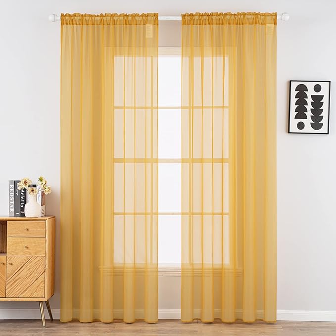 MIULEE 2 Panels Solid Color Sheer Window Curtains Elegant Window Voile Fall Panels/Drapes/Treatment for Bedroom Living Room (54 X 84 Inches Gold)