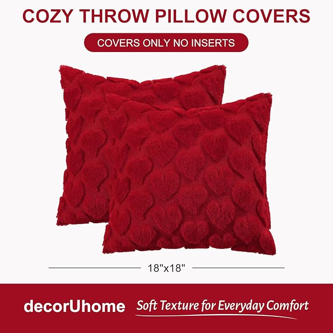 decorUhome Valentine’s Day Soft Plush Throw Pillow Covers 20x20 Inch Set of 2, Faux Fur Red Heart Decoration Neutral Square Pillow Covers for Couch Sofa Bed Cozy Farmhouse Holiday Decor