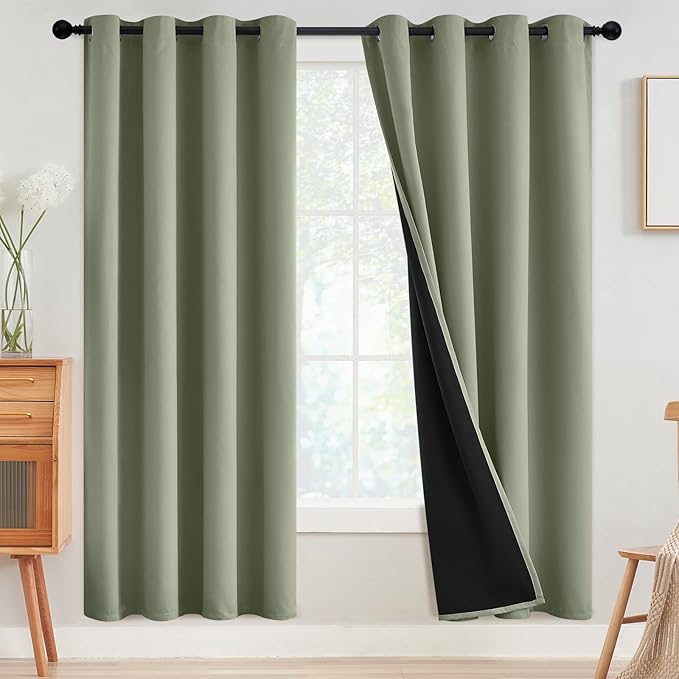 SimpleHome 100% Blackout Curtains for Bedroom,Thermal Insulated Light Sage Grommet Window Drapes Room Darkening Curtains for Living Room with Black Back,52 x 72 Inch,2 Panels
