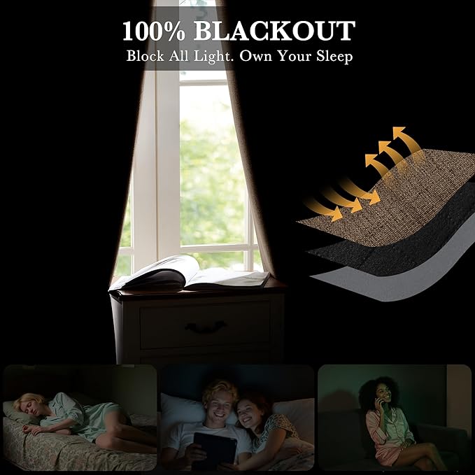 RYB HOME Coffee 100% Blackout Linen Curtains 72 inch Long, Thermal Insulated & Privacy Assurd Drapes for Bedroom/Office/Nursery, Rod Pocket & Back Tab Window Treatment, W52 X L72, 2 Panels