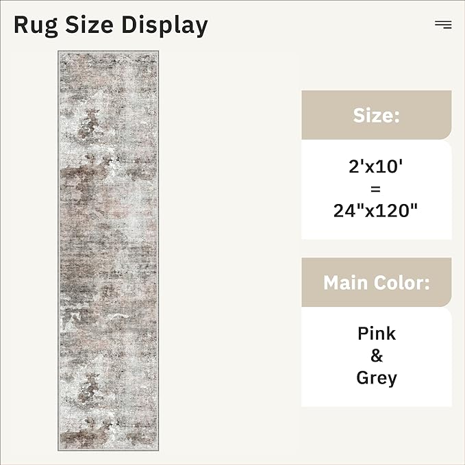 Runner Rug 2x10 Washable Non-Slip Hallway Runner Rugs for Kitchen Bathroom Laundry Room Pink/Grey Vintage Floor Carpet Runners for Hallways Entryway
