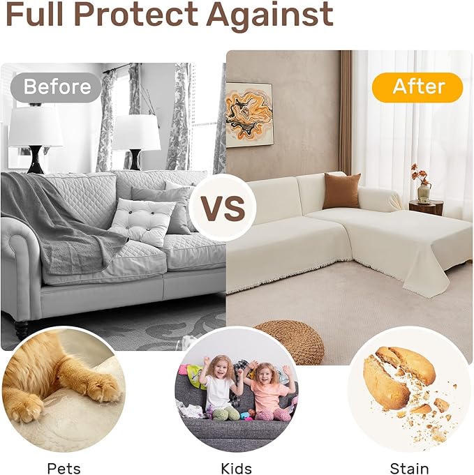 Sectional Couch Covers, 2 Pieces Washable L Shaped Couch Covers Sofa Blanket for Dogs Pet Friendly Sectional Sofa Slipcovers Furniture Covers,71"x118"+91"x134",(XXX-Large,Cream White)