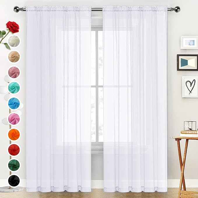 SpaceDresser Sheer Voile Window Treatment Rod Pocket Curtain Panels for Kitchen Bedroom Living Room Drapes Sunlight Filtering Privacy Semi Home Decor Assorted Colors Sizes (Optical White, 52 W x 54 L)