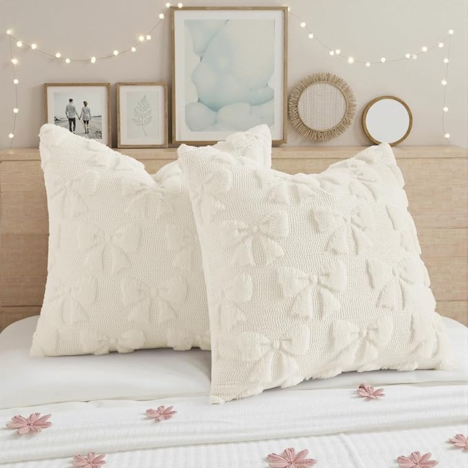 decorUhome Cream White Bow Pillow Covers Set of 2 Coquette Aesthetic Cute Preppy Plush Faux Pillowcases for Girly Bedroom or Couch 20x20 Inch