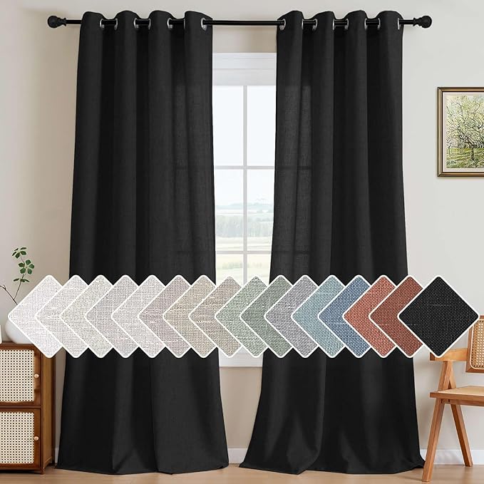 H.VERSAILTEX Living Room Linen Curtains Home Decorative Nickel Grommet Curtains Privacy Added Energy Saving Light Filtering Window Treatments Panels for Bedroom, Heather Black, 2 Panels, 52 x 108 Inch