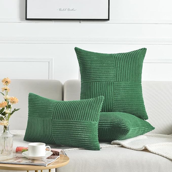 Fancy Homi 2 Packs Green Lumbar Decorative Throw Pillow Covers 12x20 Inch for Couch Bed Sofa, Holiday Christmas Home Decor Gift, Soft Striped Corduroy Rectangle Accent Cushion Case 30x50 cm