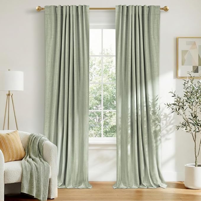 100% Blackout Shield Linen Blackout Curtains for Bedroom 96 Inches Long, Back Tab/Rod Pocket Living Room Drapes, Thermal Insulated Blackout Curtains 2 Panels Set, 50" W x 96" L,Sage Green
