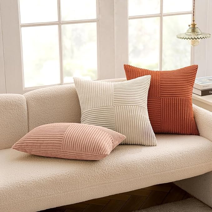 MIULEE Beige Decorative Euro Sham Pillow Covers 24x24 Inch for Bed Couch Sofa Pack of 2 Boho Neutral Farmhouse Throw Pillows Soft Cross Corduroy Patchwork Textured Cushion Cases