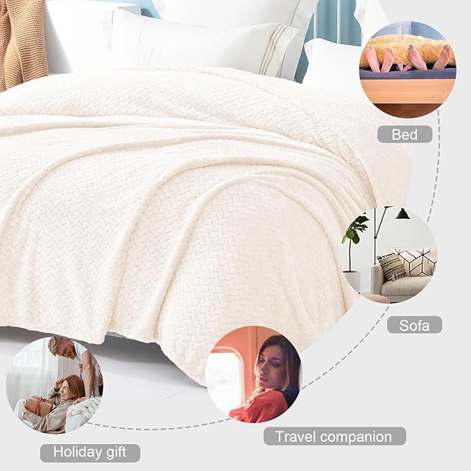 Exclusivo Mezcla Fleece Queen Size Blanket for Bed, 90x90 Inches Soft Cozy Jacquard Flannel Blankets, Lightweight Fuzzy Plush Warm for Women, Off White
