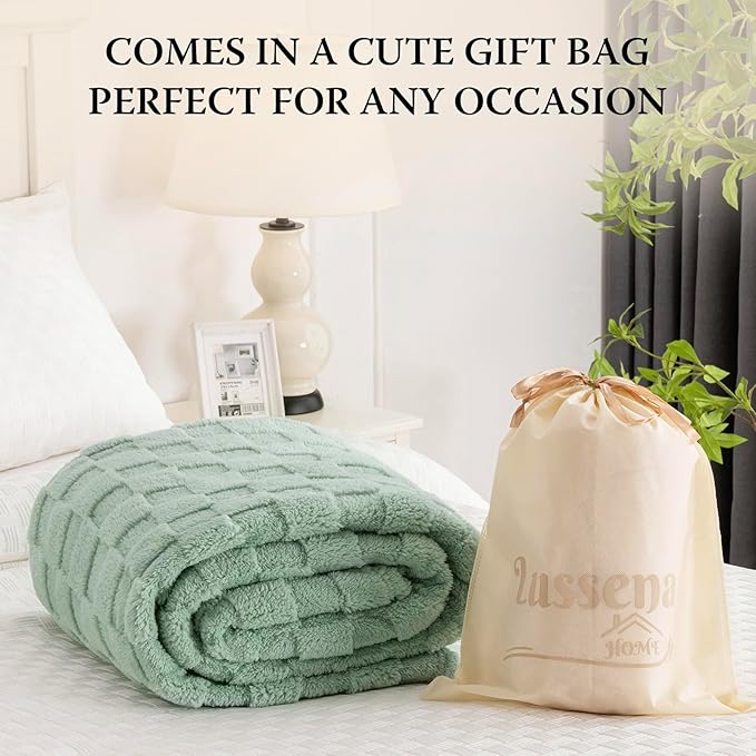 Sage Green 300GSM Fluffy XL Throw Blanket Soft Fleece Bed and Couch Blankets for Bedroom, Farmhouse, and Aesthetic Room Decor 5070