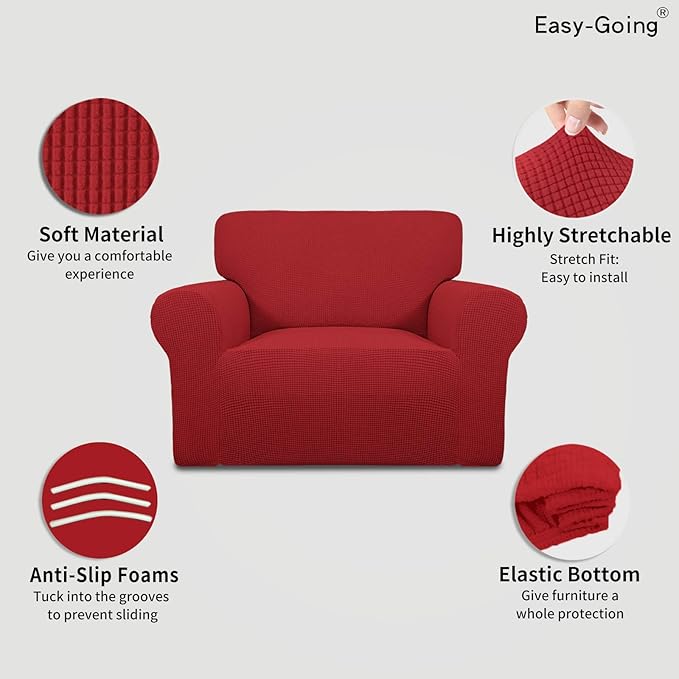 Easy-Going Stretch Oversized Chair Sofa Slipcover 1-Piece Couch Sofa Cover Furniture Protector Soft with Elastic Bottom for Kids Spandex Jacquard Fabric Small Checks Christmas Red