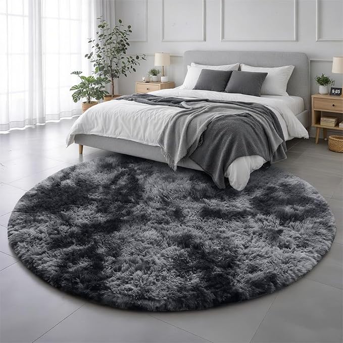 Amdrebio Tie-Dyed Dark Grey Round Area Rugs for Living Room, 7x7 Rug, Soft Thick Large Circle Rug for Bedroom, Big Shag Fluffy Plush Carpet for Mens Boys Kids Room, Modern Cool Furry Circular Rug