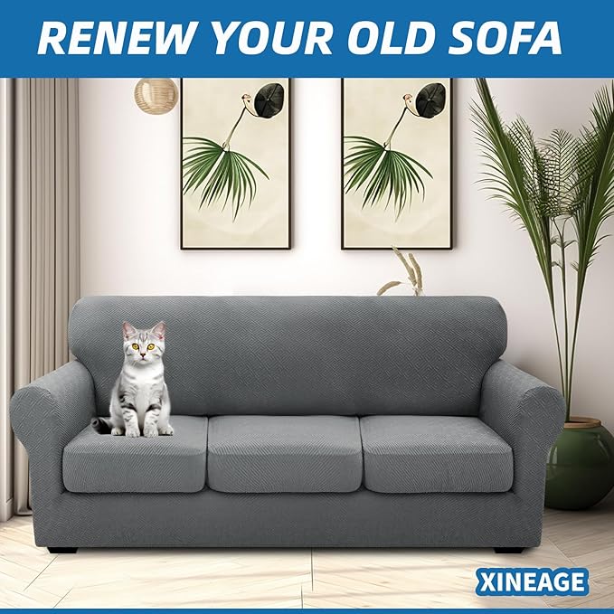 XINEAGE 2026 New 4 Pieces Couch Covers for 3 Cushion Couch Super Stretch Thick Soft Sofa Cover Anti Slip Sofa Slipcover Dogs Cats Furniture Protector (Light Gray, 71"-91")