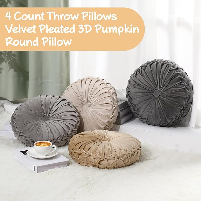 Kathfly Set of 4 Decorative Round Pleated Throw Pillows, Classy Velvet Pumpkin Round Throw Pillows, Decorative Floor Pillow for Bed Chair Home Sofa Decor, 14" Diameter(Multicolor)