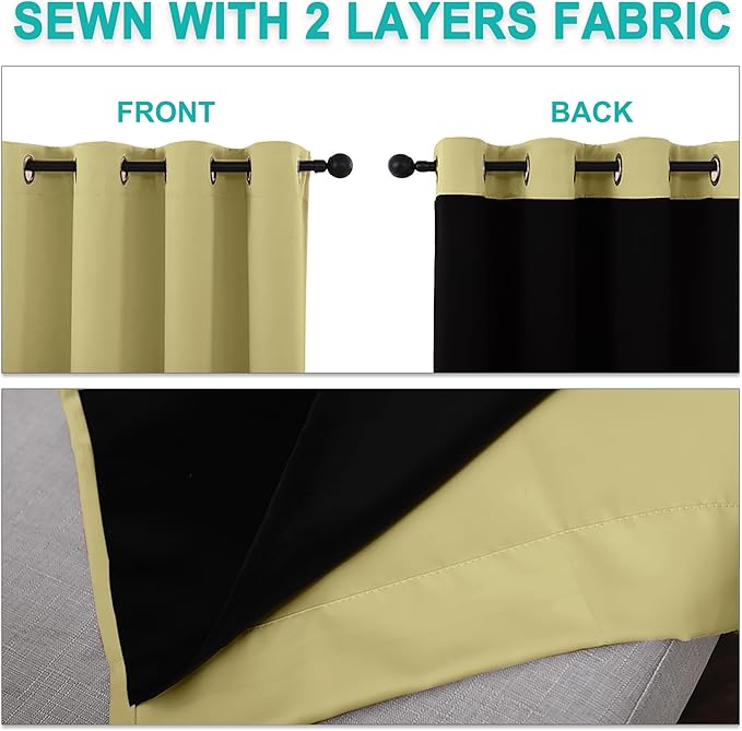 NICETOWN 100% Blackout Blinds, Laundry Room Decor Window Treatment Curtains for Large Patio Sliding Door, Thermal Insulated Paler Yellow Curtains for Bedroom, Set of 2, 52 inches x 108 inches