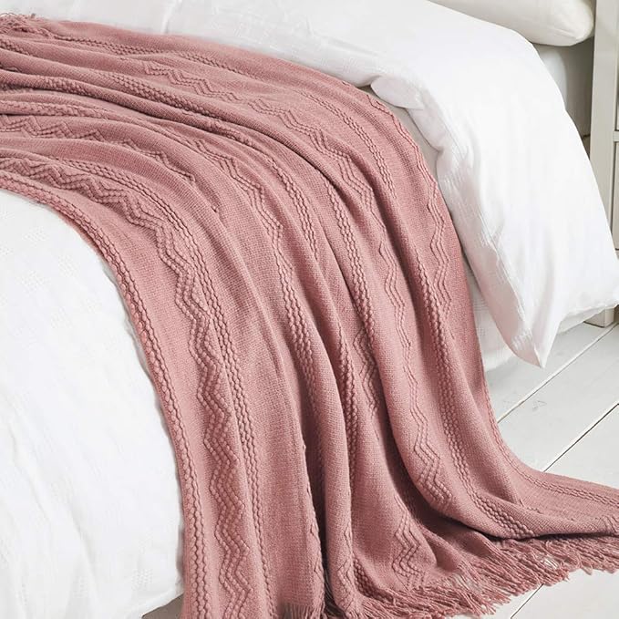 BOURINA Coral Pink Throw Blanket 60 x80 Inches Textured Solid Soft Sofa Throw Bed Runner Knitted Decorative Blanket
