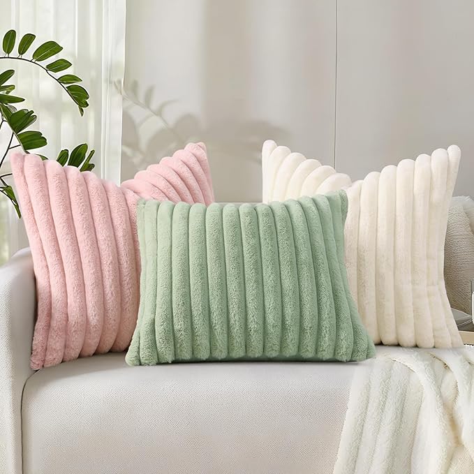 decorUhome Summer Cozy Faux Fur Throw Pillow Covers 12x20 Set of 2 Decorative Soft Plush Striped Lumbar Modern Farmhouse Boho Couch Pillow Cases with Velvet Back for Sofa Bed Living Room, Sage Green