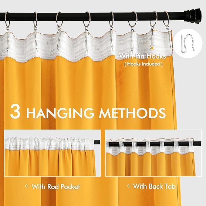 MIULEE Yellow Back Tab Blackout Curtains 102 Inch Long 2 Panels Set for Bedroom, Rod Pocket/Pinch Pleated Thermal Insulated Living Room Darkening Light Blocking Floor to Ceiling Drapes