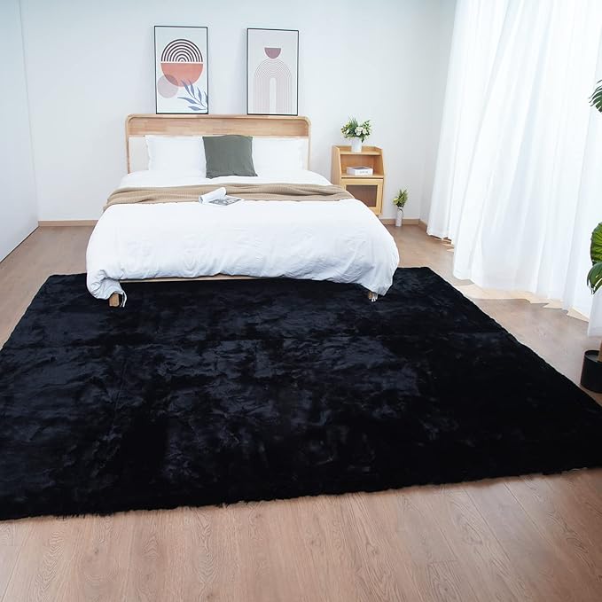 Ghouse Black 8x10 Area Rug Fluffy Faux Rabbit Fur Rug Black Plush Shag Rug for Living Room Bedroom, Playing Room, Nursery Room