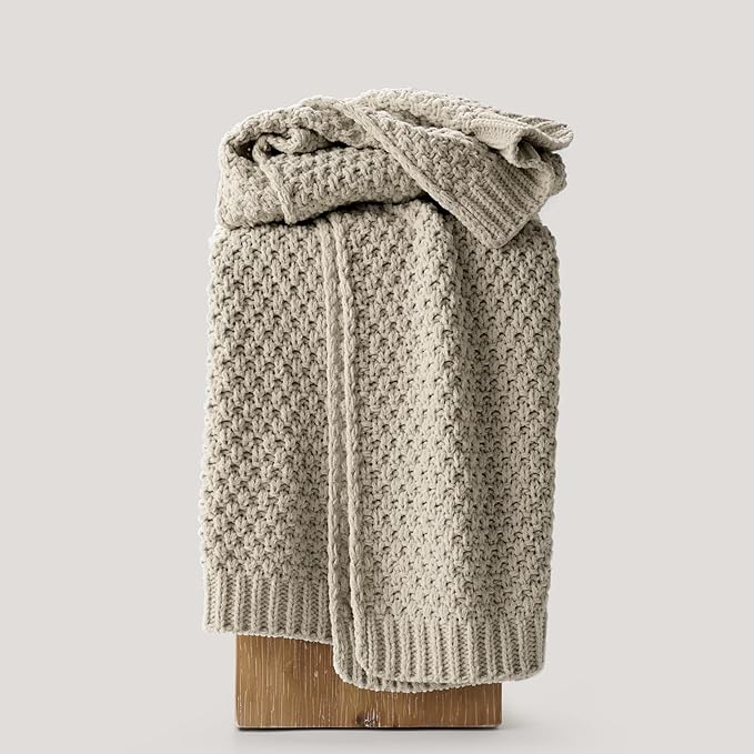 EVERGRACEHOME Chunky Chenille Knit Throw Blanket for Couch, Soft Luxurious Moss Stitch Blankets for Bed, Cozy Decorative Farmhouse Knitted Throws for Sofa, Warm Gray, 50" x 60"