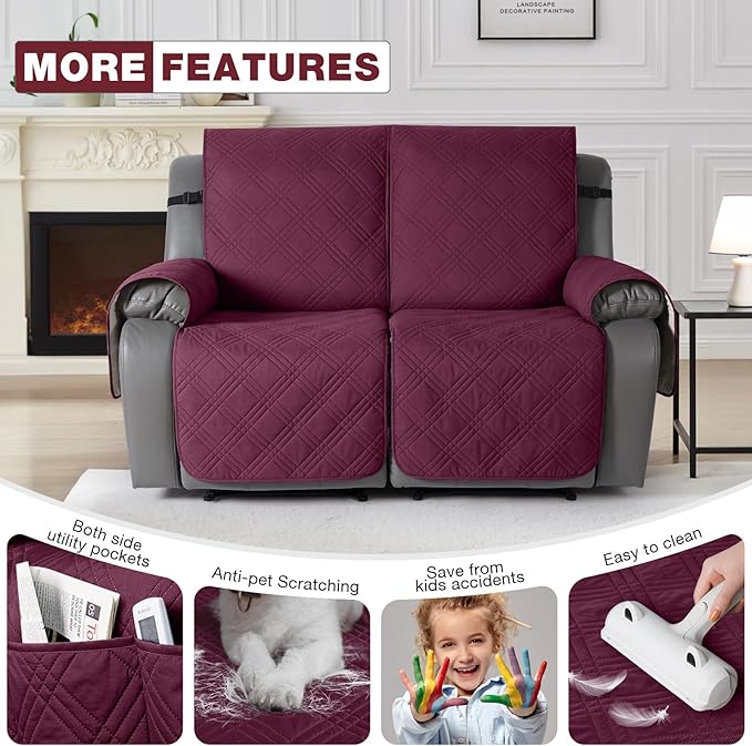 TAOCOCO 100% Waterproof Recliner Loveseat Cover Non Slip Couch Cover for 2 Seat Reclining Sofa, Split Reclining Loveseat Covers 2-Piece with Straps for Kids Pets(2 Seater, Wine)