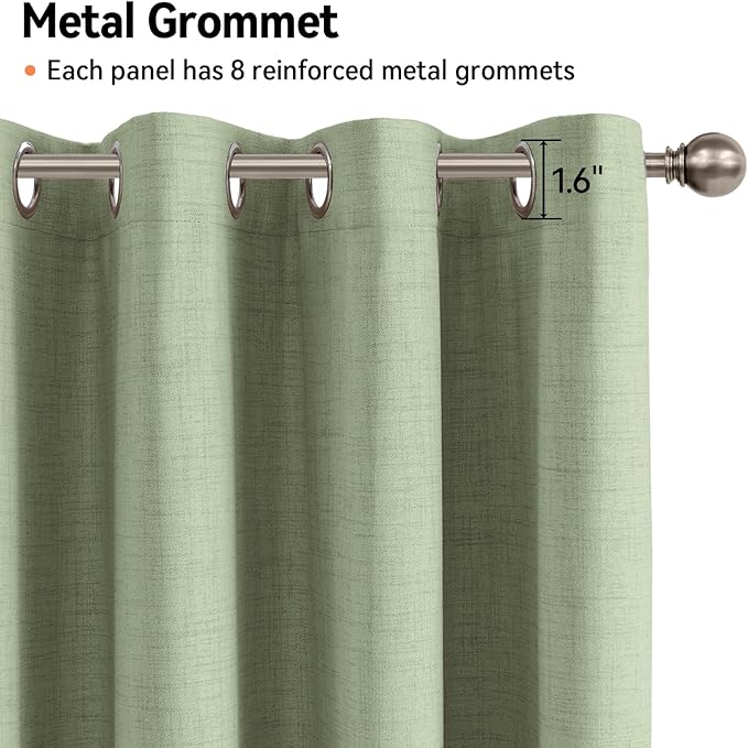 100% Blackout Shield Linen Blackout Curtains for Bedroom, Sage Green Grommet Curtains for Living Room, Thermal Insulated Room Darkening Drapes for Nursery, Boho Home Decor, 50" W x 96" L, 2 Panels