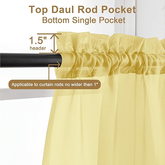 Chyhomenyc Mustard Yellow Short Sheer Curtains 30 inch Length, Light Filtering Half Window Curtians for Kitchen, Elegant Small Curtain for Basement Bathroom Cabinet, 42Wx30L inches, 2 Panels